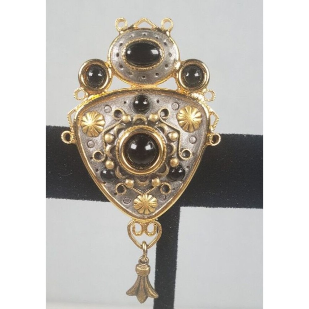 Signed MICHAL GOLAN Victorian Form Black Onyx Glass Brass Pin Brooch Pendant